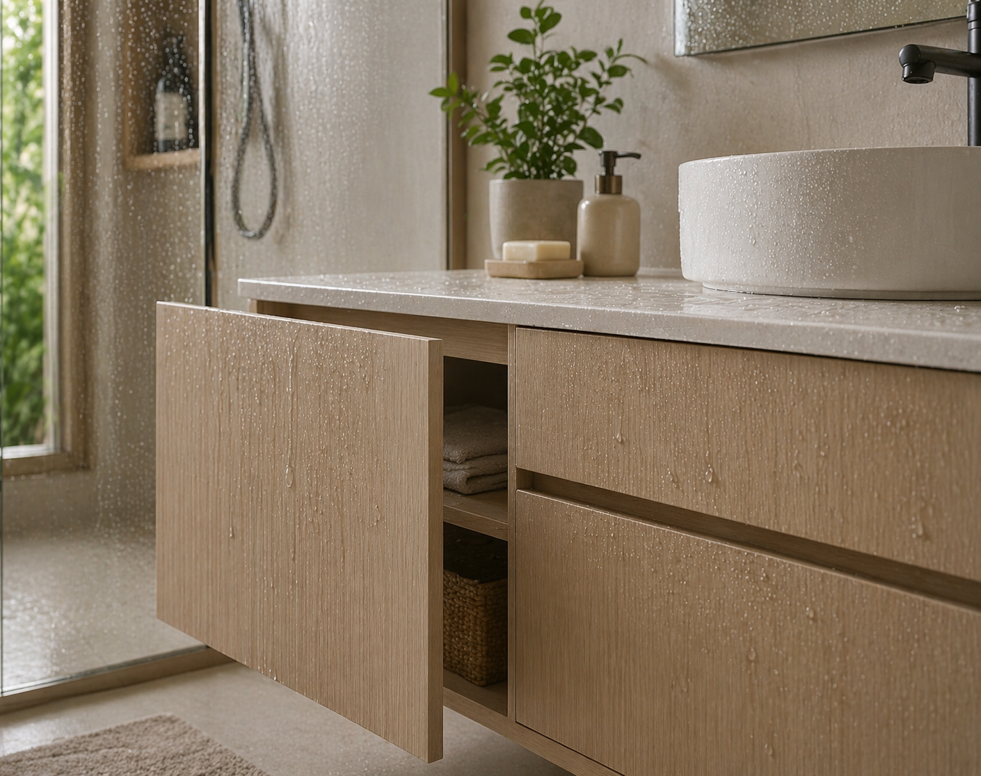 Moisture-resistant interior board use shown in a premium bathroom vanity application.