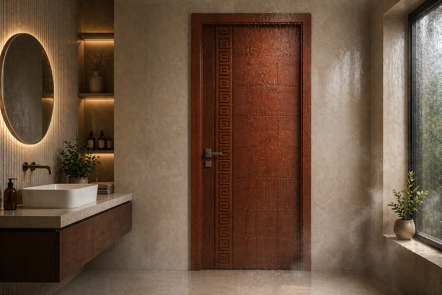 Aashirwad WPC door installed in a premium bathroom interior with visible water resistance cues.